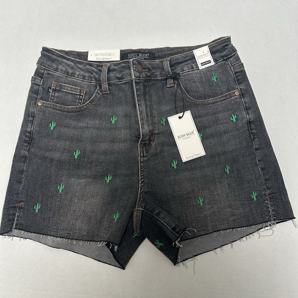 Judy Blue NWT Hi-Rise Cactus Embroidery Gray Denim Short Size Large Style#150111 - Picture 5 of 6